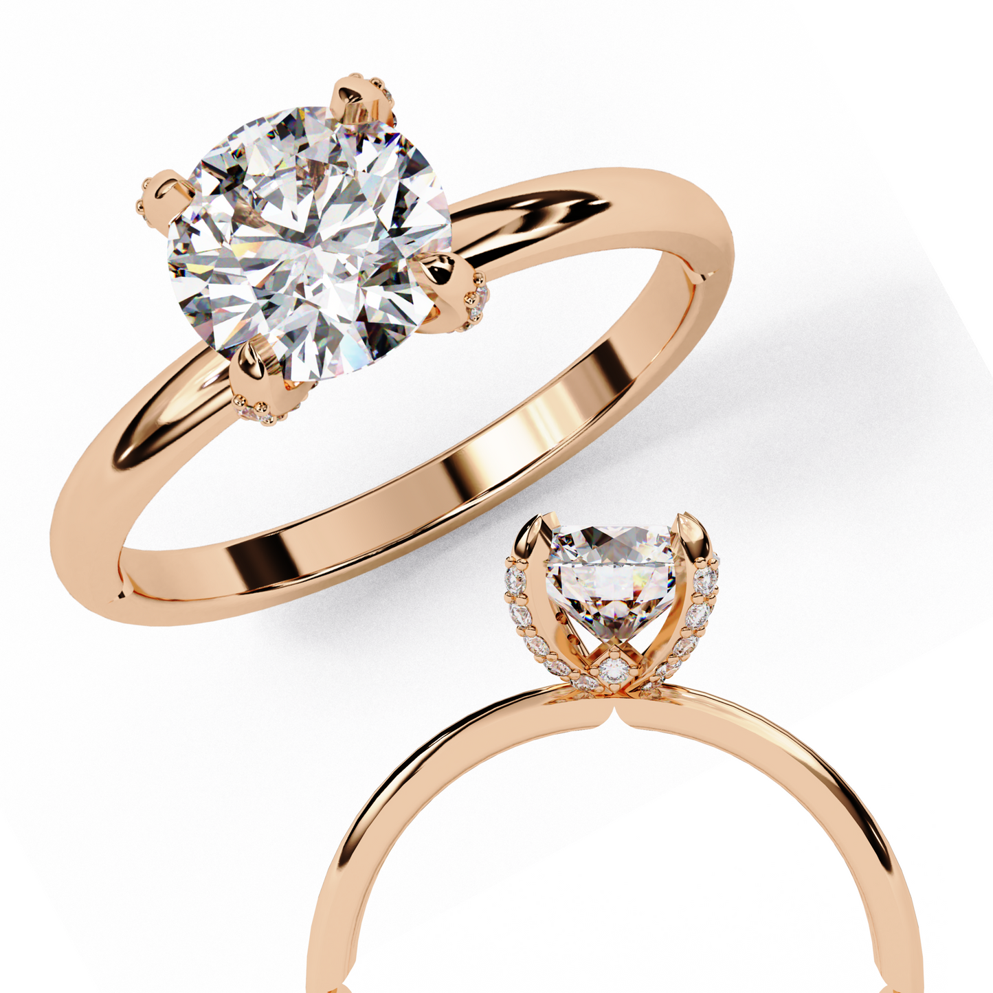rose gold / moissanite, rose gold / lab grown