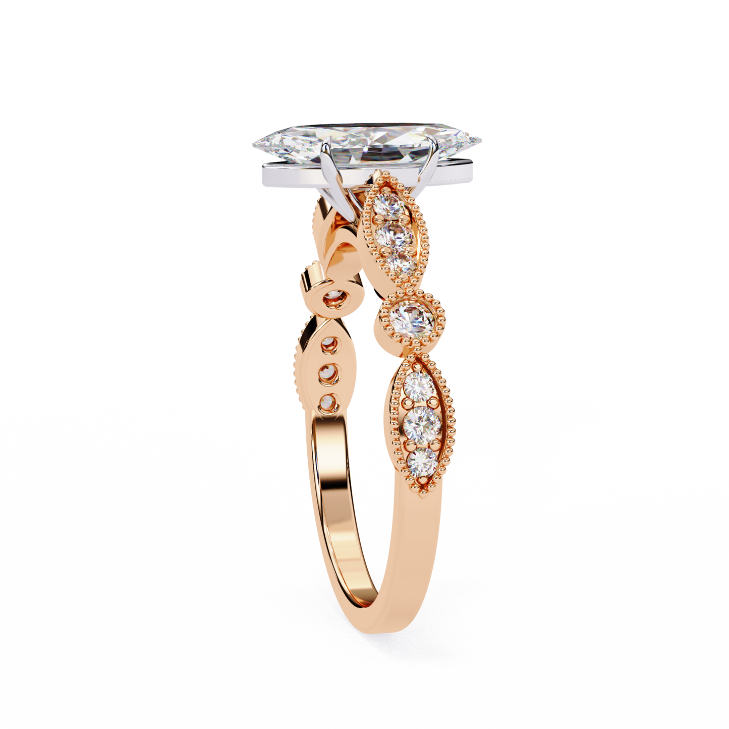 rose gold / moissanite, rose gold / lab grown