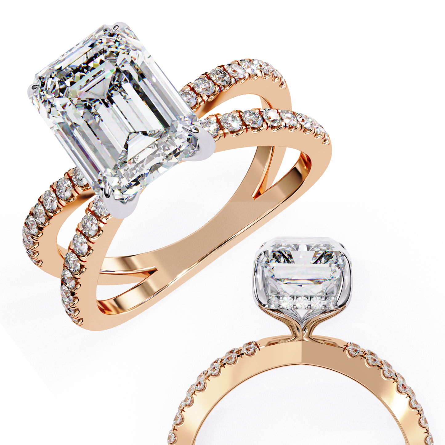 rose gold / moissanite, rose gold / lab grown