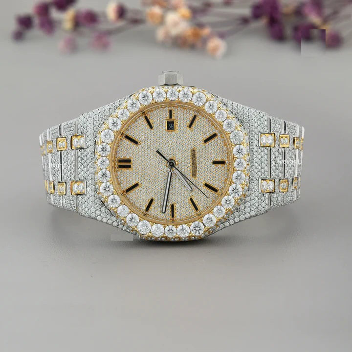 Gold & Silver Fully Iced-out Moissanite Diamond Watch