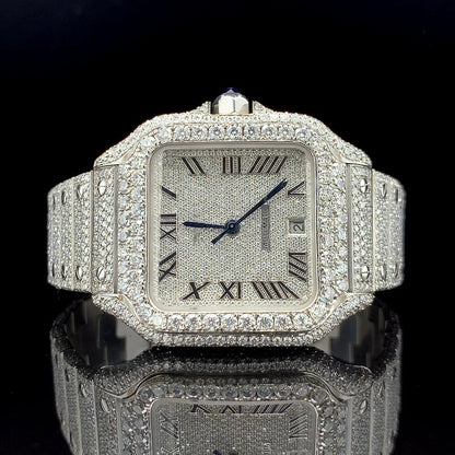 Round Diamond Roman Dial Fully Ice-Out Moissanite Diamond Watch