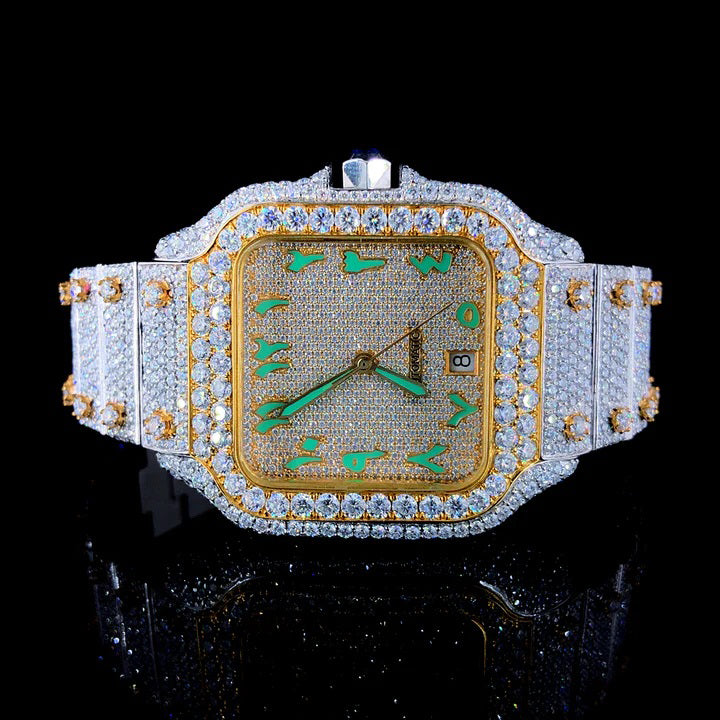 Silver & Gold With Two Tone Green Arabic Dial Fully Ice-Out Moissanite Diamond Watch