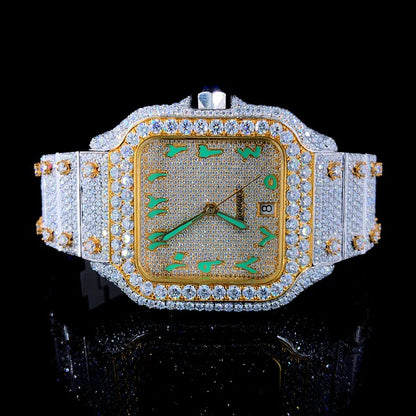 Silver & Gold With Two Tone Green Arabic Dial Fully Ice-Out Moissanite Diamond Watch