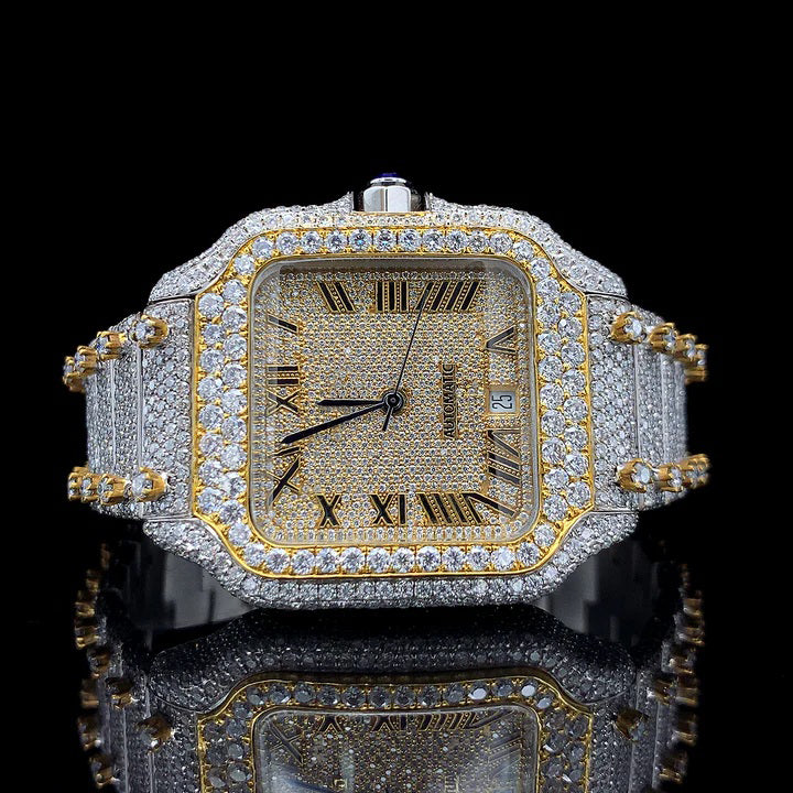 Gold Roman Dial Fully Ice Out Moissanite Diamond Watch
