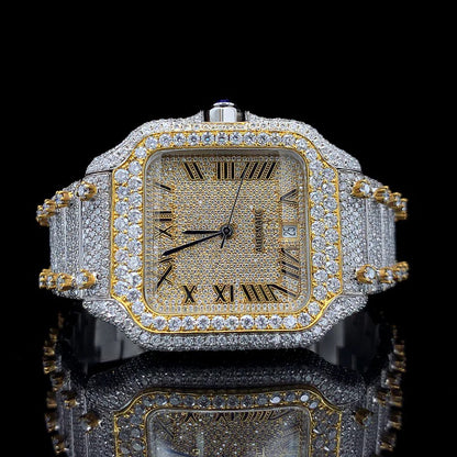 Gold Roman Dial Fully Ice Out Moissanite Diamond Watch
