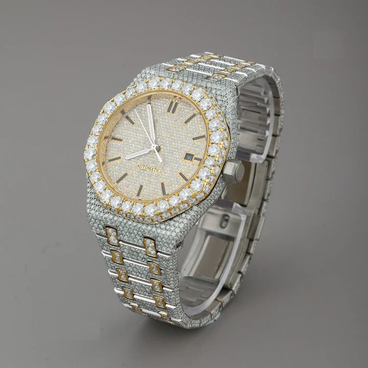 Gold & Silver Fully Iced-out Moissanite Diamond Watch