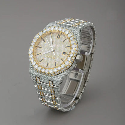 Gold & Silver Fully Iced-out Moissanite Diamond Watch