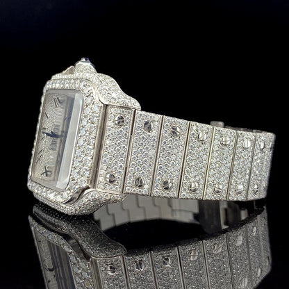 Round Diamond Roman Dial Fully Ice-Out Moissanite Diamond Watch
