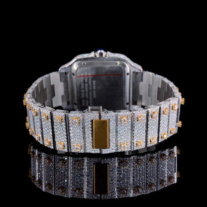 Silver & Gold With Two Tone Green Arabic Dial Fully Ice-Out Moissanite Diamond Watch