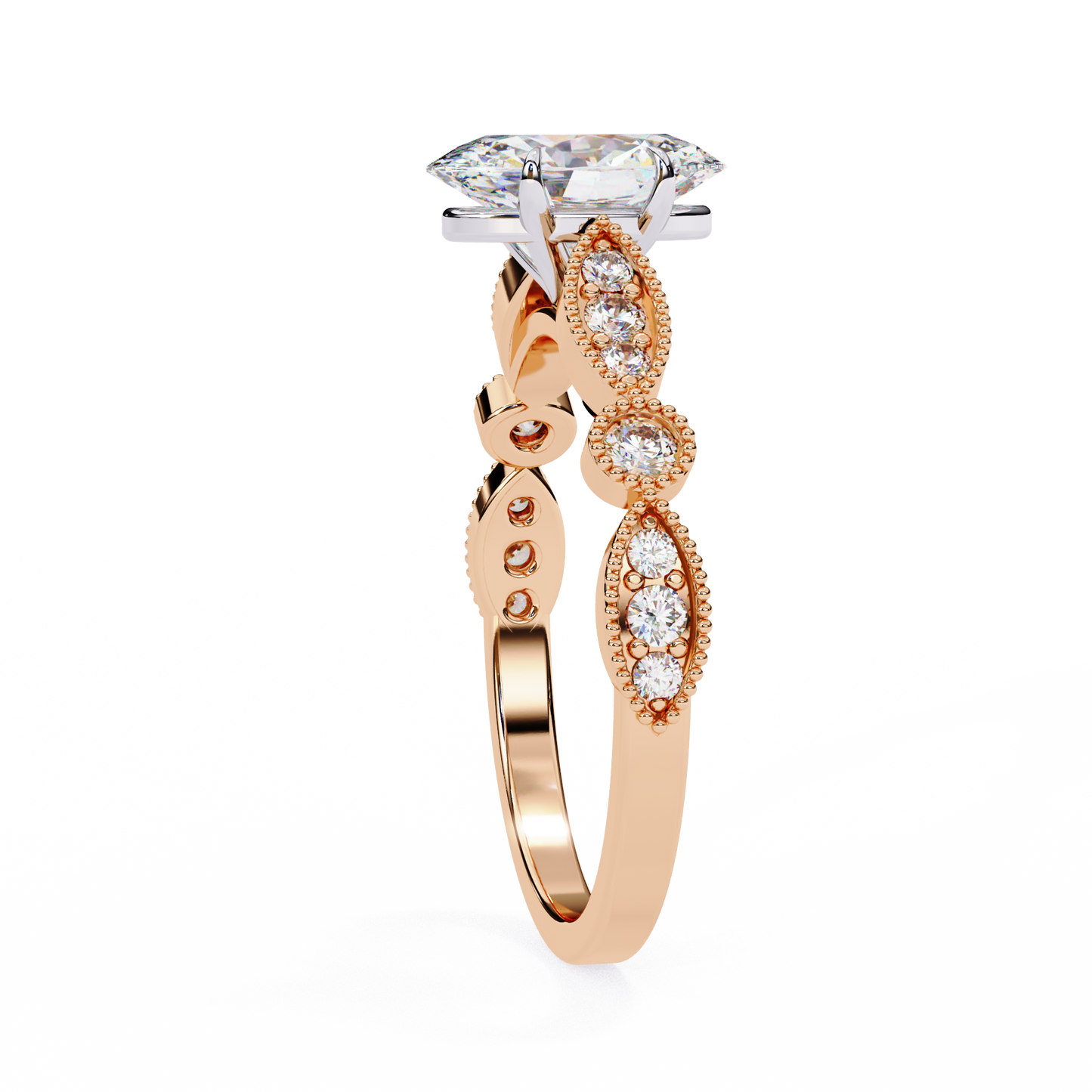 rose gold / moissanite, rose gold / lab grown