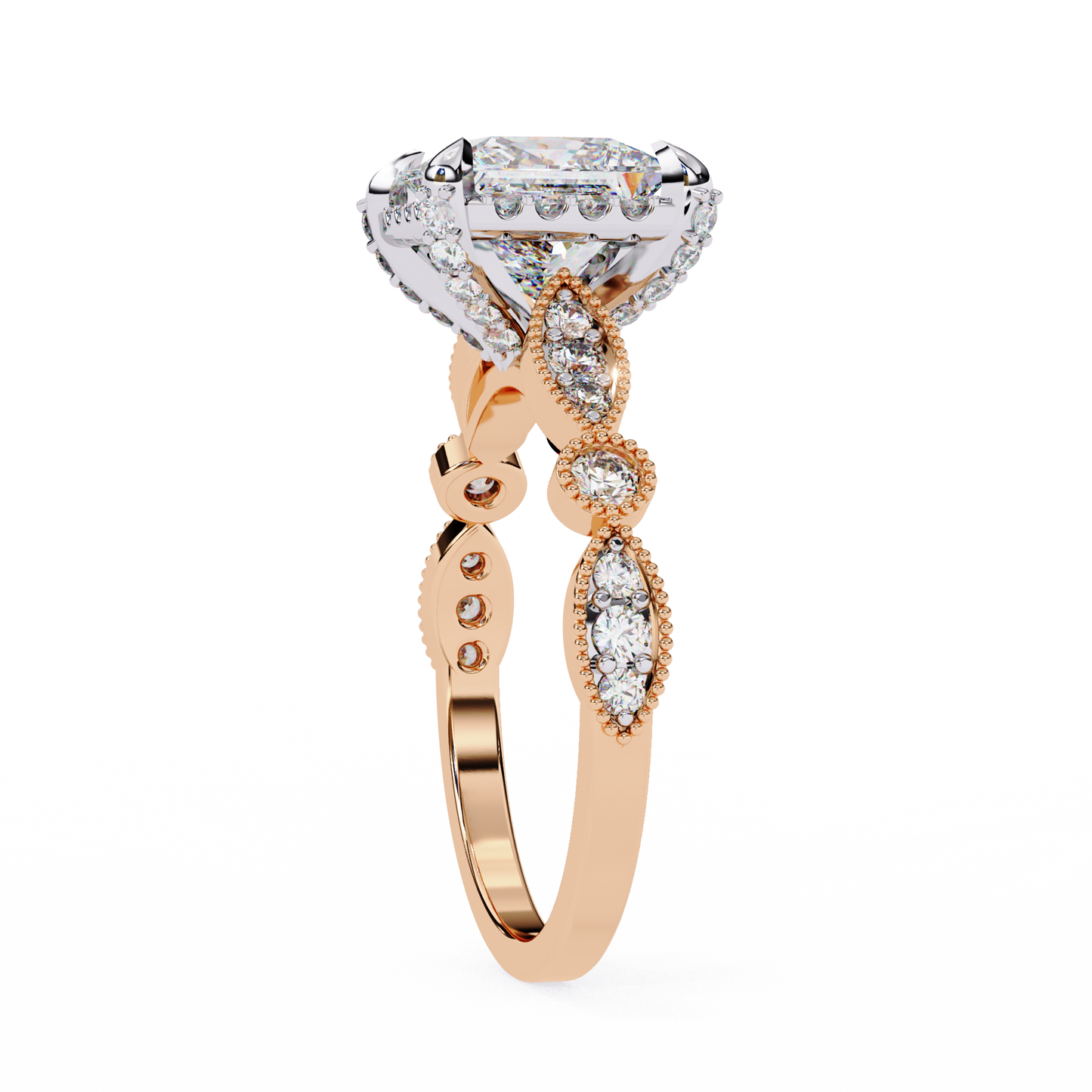 rose gold / moissanite, rose gold / lab grown