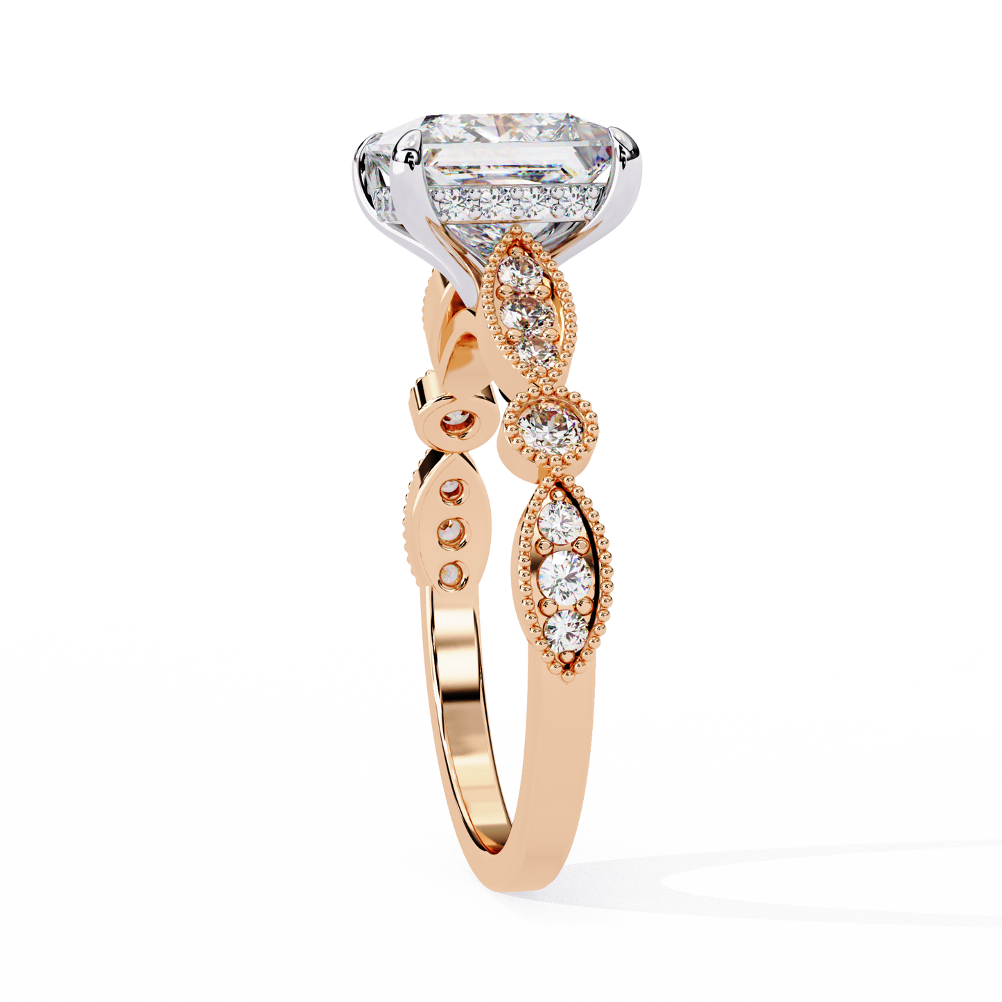 rose gold / moissanite, rose gold / lab grown