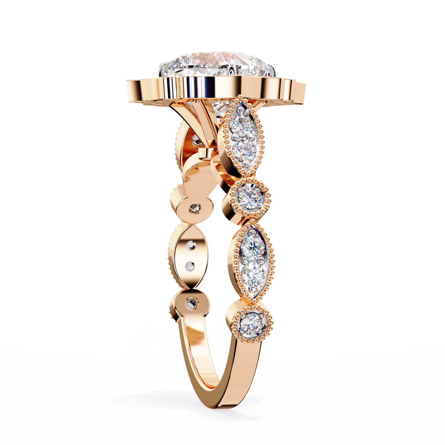 rose gold / moissanite, rose gold / lab grown