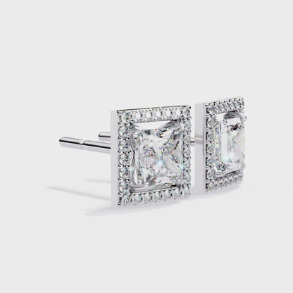 2.14 CT Princess Halo Style Stud Earrings